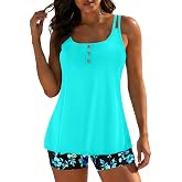 Yonique Flowy Tankini with Shorts Two Piece Tummy Control Swimsuit | Removable cups, adjustable double bands, A-line tummy coverage, square hem protection, full coverage