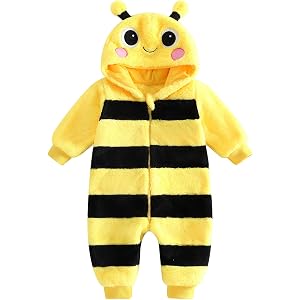 Dcohmch Baby Bee Costume Cute Bumble Bee Halloween Animal Costumes | Hood Soft Warm Fuzzy Long Sleeve Jumpsuit Romper for New