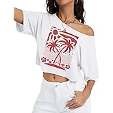 Kistore Off The Shoulder Tops for Women Going Out Short Sleeve Crop Top Boat Neck Loose T Shirt