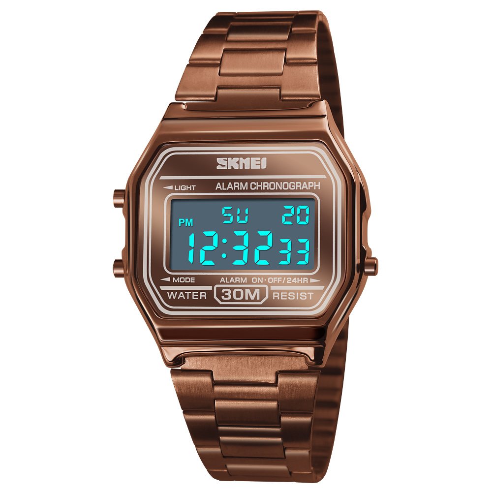 Gosasa Classic Unisex Women's Men's Digital Multifunction Stainless Steel Band Square Waterproof Watch Rose Gold (Brown) — image 1