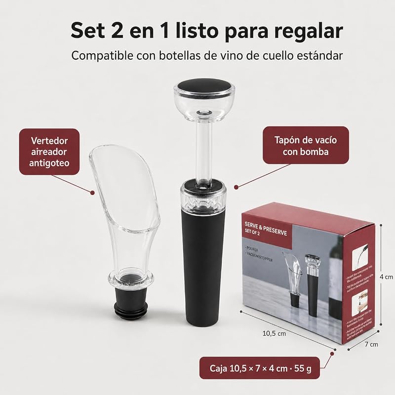 VYNOR - Set aeratore e tappo per sottovuoto, accessori per vino, kit regalo — foto 2 di 5
