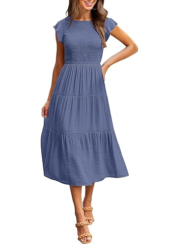 MEROKEETY Women's Summer Casual Short Sleeve Round Neck Smocked High Waist  Flowy Sun Midi Dress,Dustyblue,XL in Dubai - UAE
