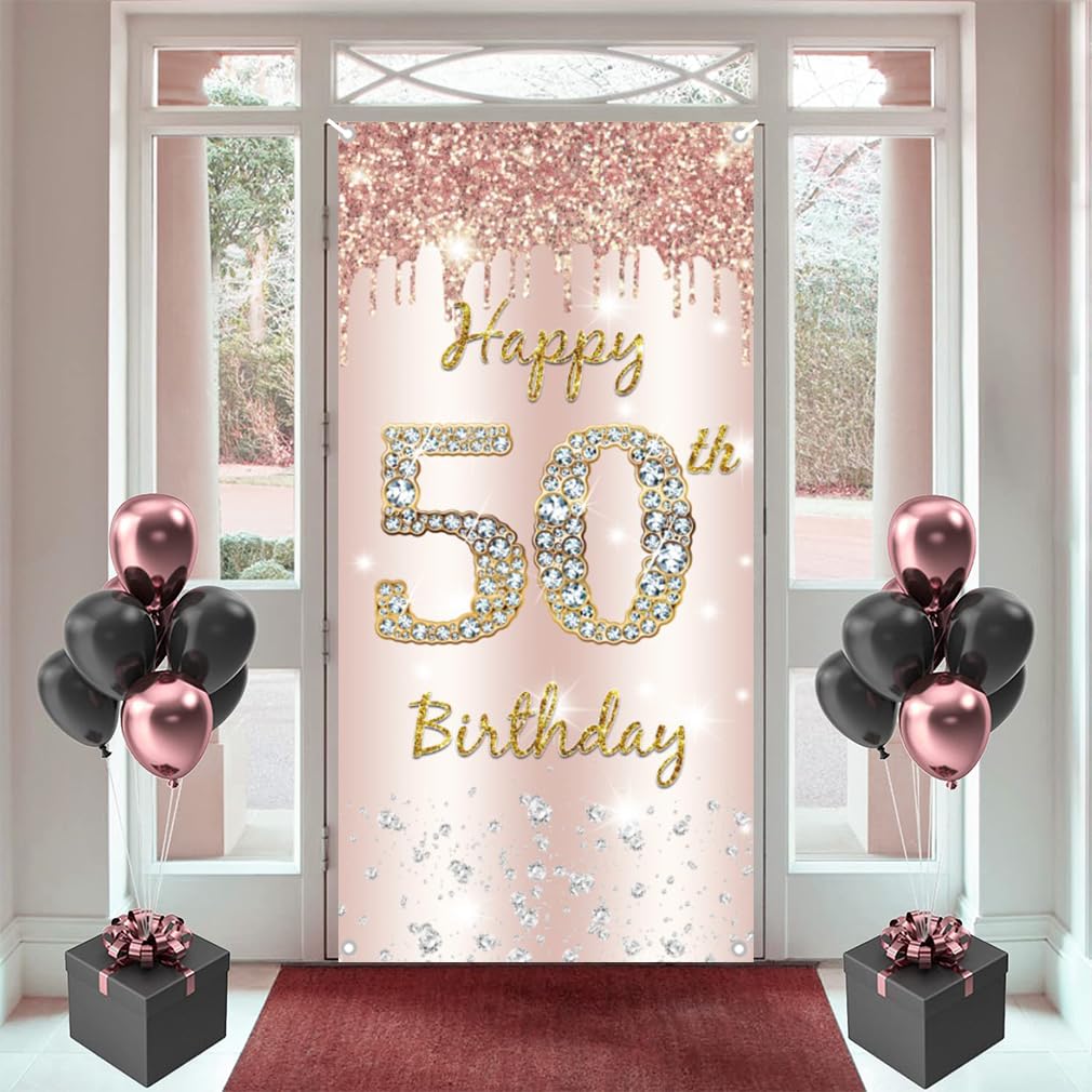 50th Birthday Decorations for Women, Happy 50th Birthday Backdrop Banner Rosegold Fabric Sign Poster Door Banner Party Welcome Sign