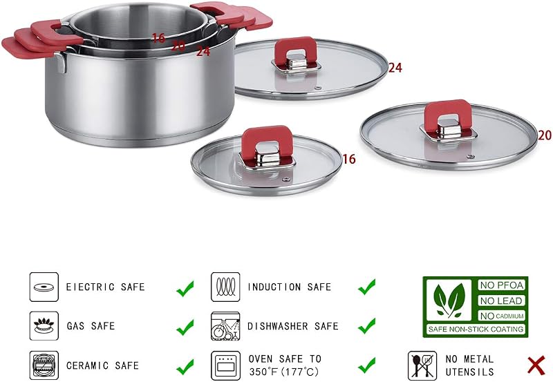 3 unità Batteria di Pentole a Induzione,16/20/24 cm, Acciaio inossidabile