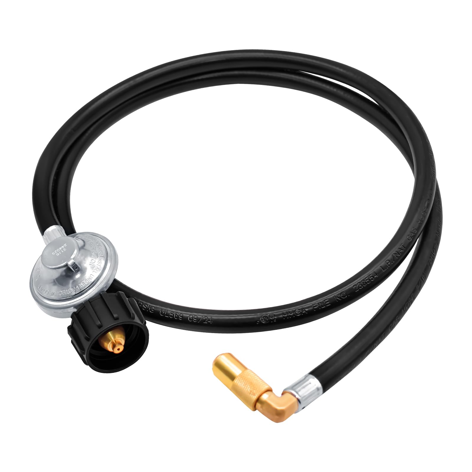 Photo 1 of ABYDA 5 Feet Propane Regulator and Hose with Elbow Adapter for Blackstone 17 inch and 22 inch Table Top Griddle, Replacement Parts Connect to Large Propane Tank