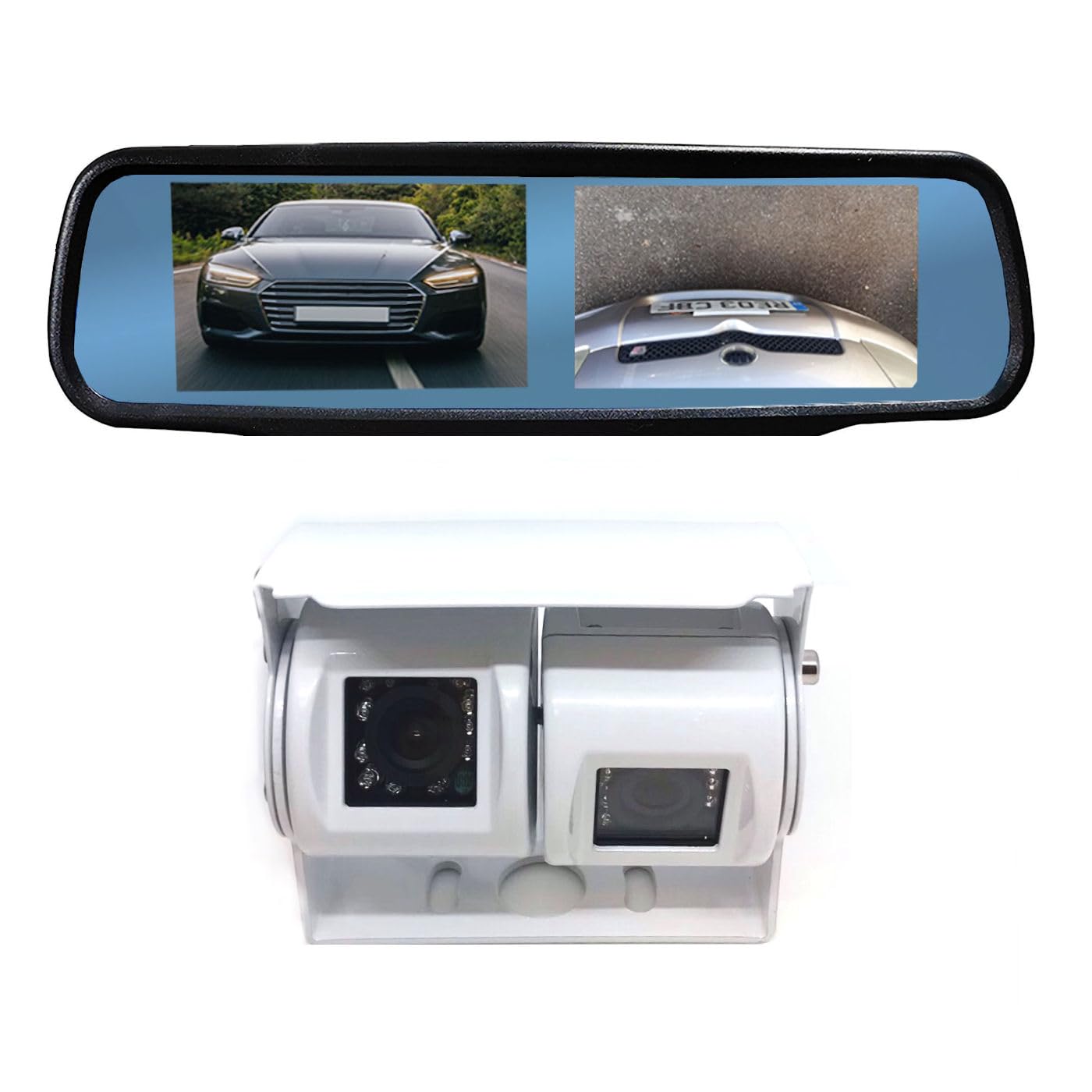 Dolphin Automotive Motorhome Van Dual Twin 12v Commercial Reversing Reverse Rear View Parking Camera (Camera With Dual 4.3" Mirror Monitor)
