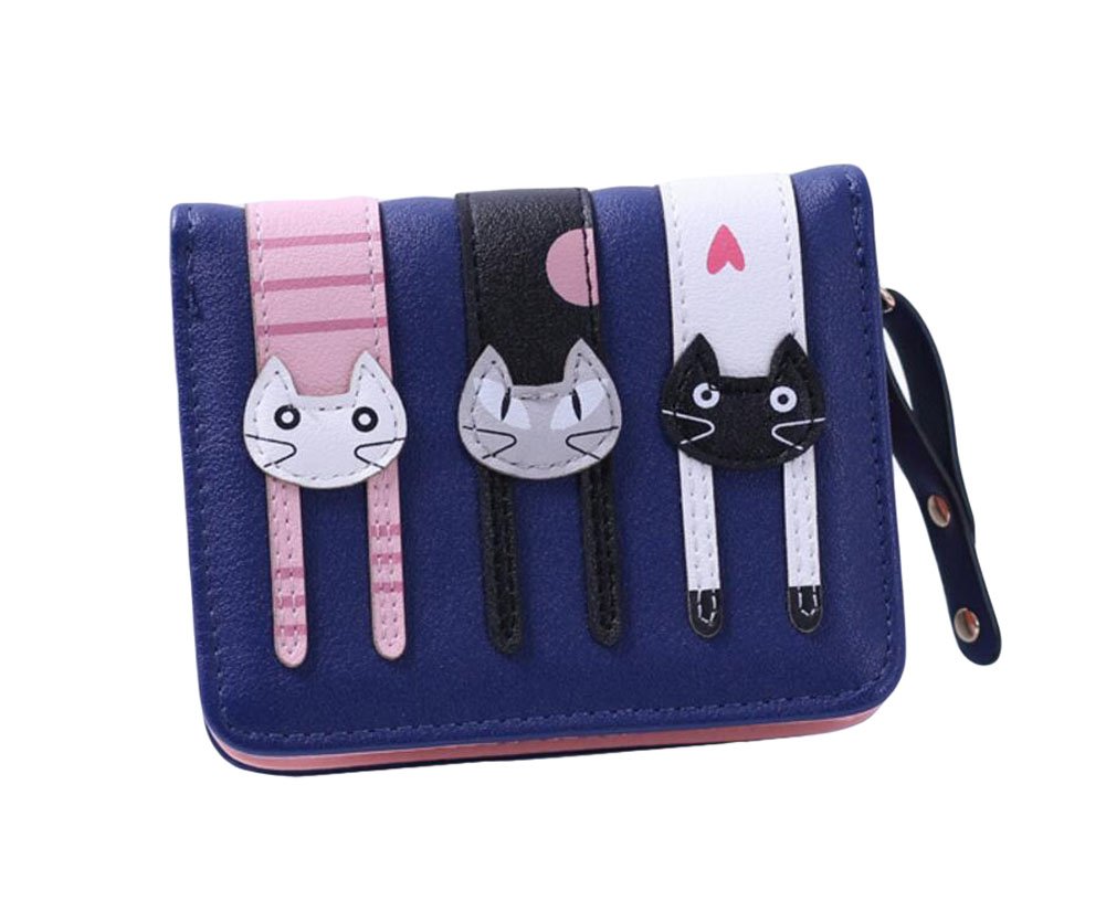 Diyafas Short Zipper Fashion Purse Women's Two Fold Leather Wallet Cartoon Cat Coin Case