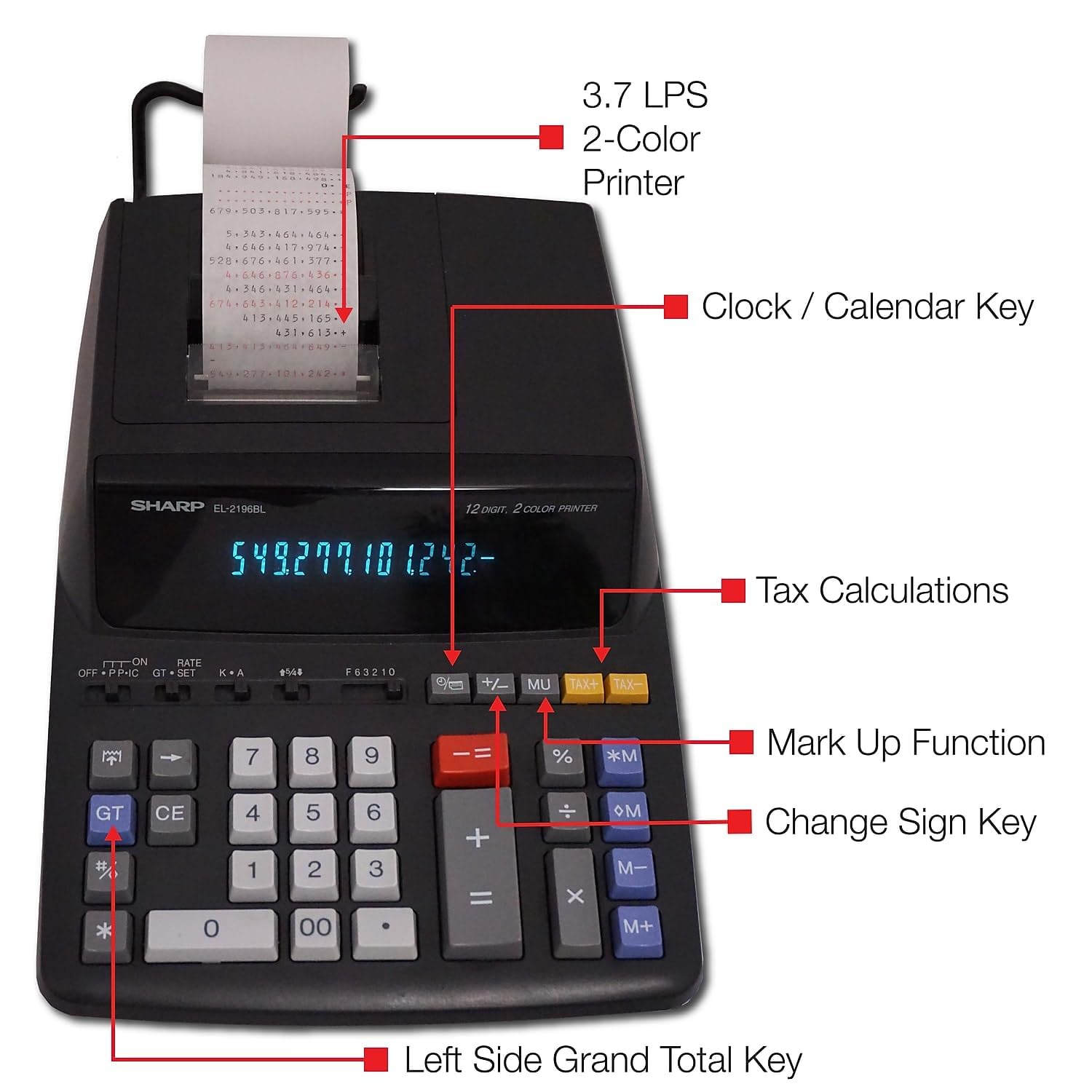 Sharp 12-Digit Print Calculator Desktop Size Adding Machine, Perfect for Everyday Use and Office, Bright, Large Easy-to-Read Numbers on Both The Display and The Two-ColorPrinted Tape (EL2196BL)