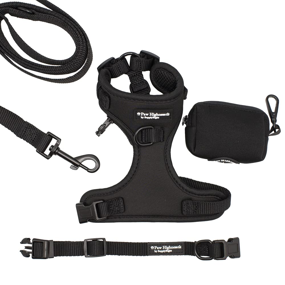 Paw Highness Dog Walking Harness, Collar, Leash & Poo Bag Holder Set in Black Medium