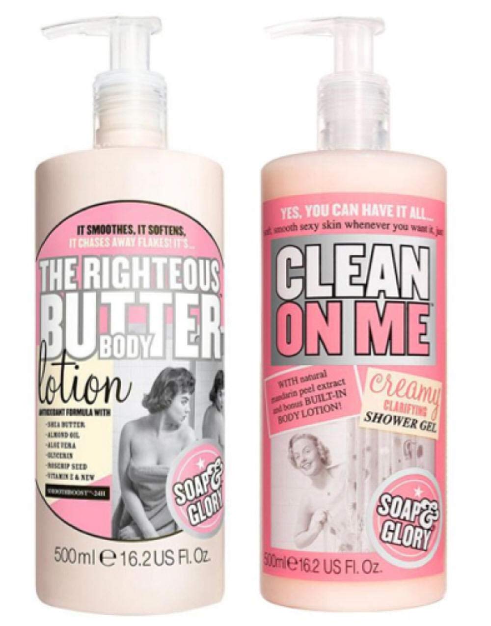 Soap and Glory The Righteous Body Butter Lotion Bundled with Clean on Me Creamy Clarifying Shower Gel 500 millilitre Hand Pumps