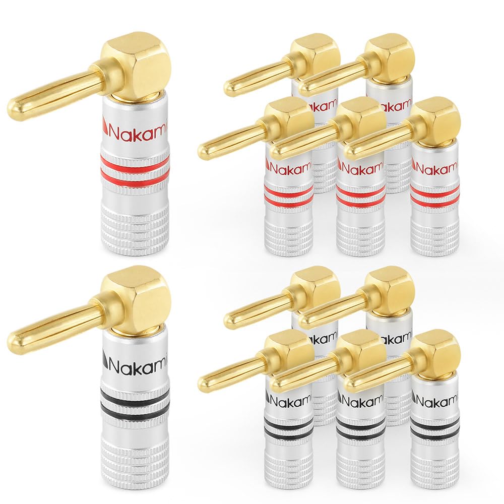 Nakamichi Excel Series 24k Gold Plated Banana Plug 12 AWG - 18 AWG Gauge Size 4mm Speakers Amplifier Hi-Fi AV Stereo Home Theatre Audio Wire Cable Screw Connector 12 Pcs (6-Pairs), Right Angle Plug