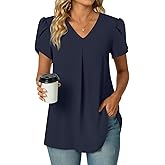 POPYOUNG Women's Summer Dressy Chiffon Blouses Short Sleeve V Neck Tunic Tops for Leggings Casual T-Shirts