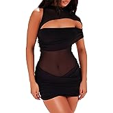 Women Sexy Hollow Out Mesh Mini Dress See Through Double Layer Tight Ruched Night Club Party Dress