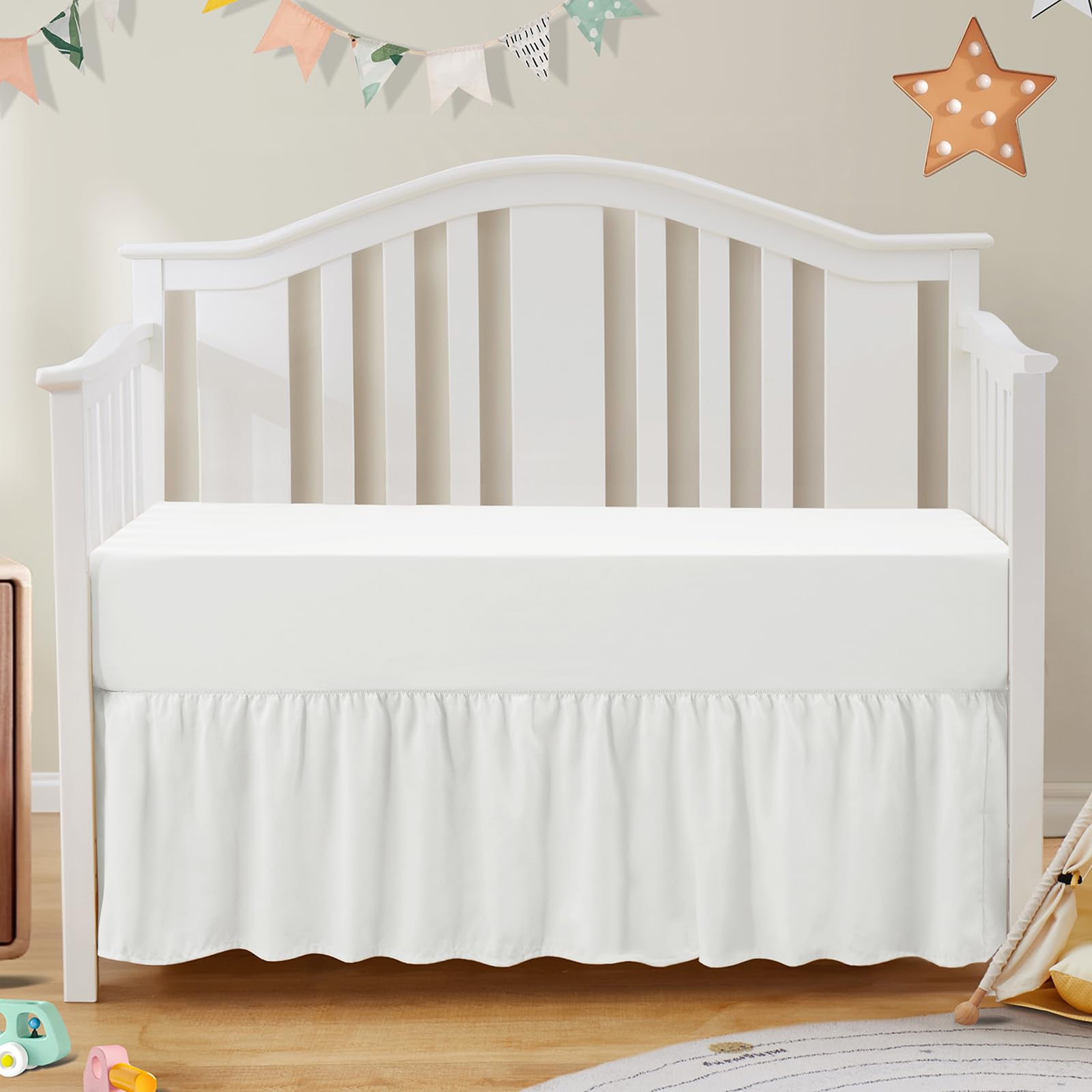 Photo 1 of SiinvdaBZX 2-Piece Set Ruffled Crib Skirt & Microfiber Crib Sheet, Fit for Baby Standard Crib & Nursery Toddler Bedding, 52"x28" + Adjustable Elastic 14" Drop (White)