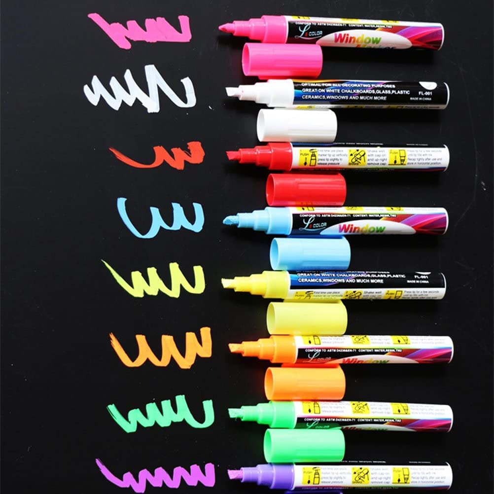 BXT 8pcs Wet Erasable Colored Chalk Pen,Non-Toxic Liquid Ink Neon Pens,6mm Reversed Round Brush Tip,for Flashing LED Lighted Board,Blackboard,Whiteboard,Menu Message Board,Glass,Window