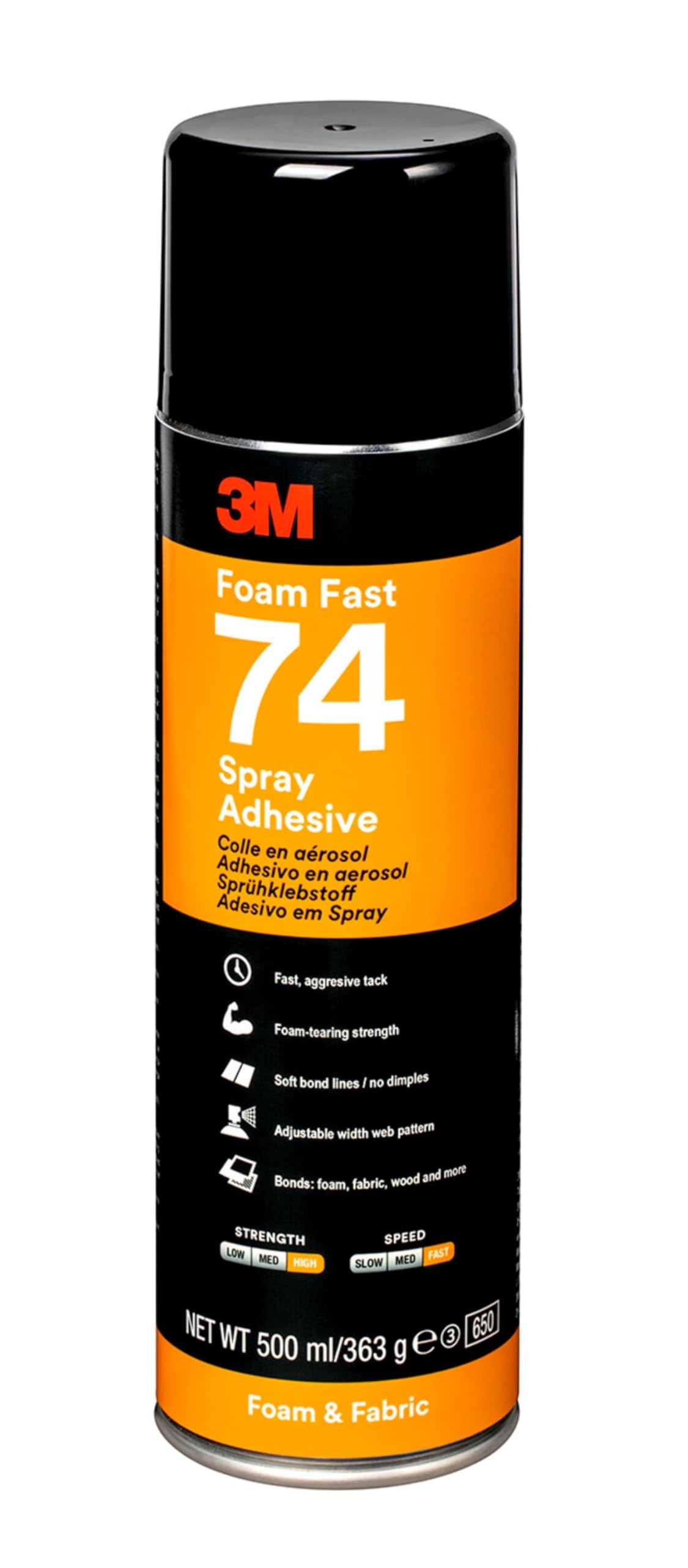 3M 7000116772 Spray74 Foam Fast Adhesive, 500 ml, Light Orange