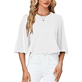 Rooscier Women's Dressy 3/4 Sleeve Tops for Women Crewneck Business Casual Loose Blouse Shirt White Large