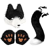 QinRuan Therian Mask and Tail Set, 3-Piece Faux Fur Fox Wolf Cosplay Costume with Paw Gloves for Adults