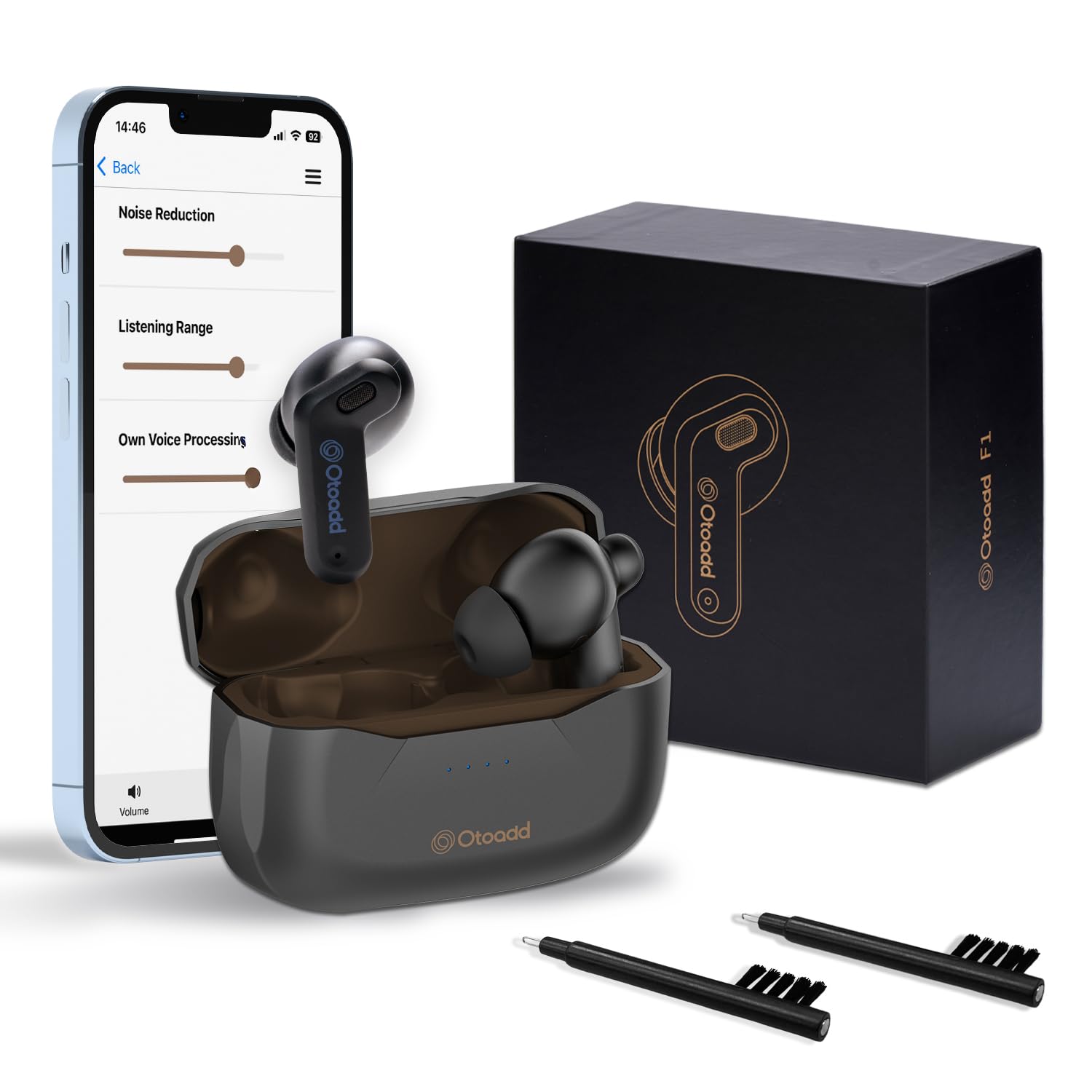 Otoadd F1-P OTC Hearing Aids for Seniors, AI Noise Reduction, Easy App Control with Adjustable EQ, Rechargeable & Invisible Hearing Amplifier, Bluetooth App, Includes 2 Cleaning Brushes