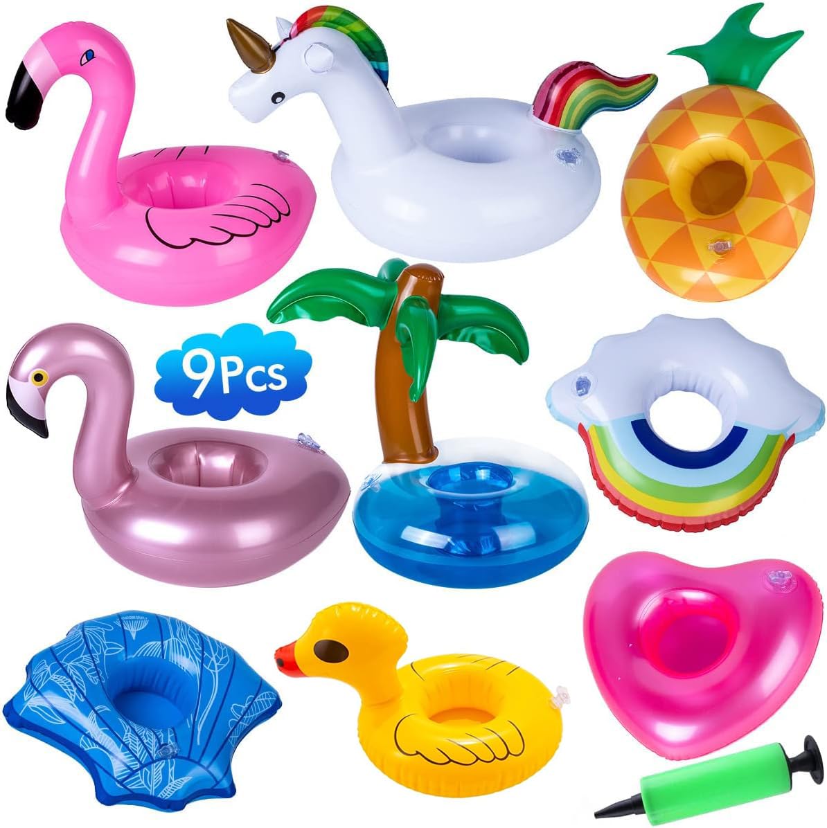 Inflatable Drinks Holder, Fyvadio 9 Pieces Pool Cup Holder Floats with Air Pump, Floating Drink Cup Bath Holder, Inflatable Cup Holder for Kids Family Pool Party