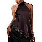 Verdusa Women's Y2k Tops Satin Rave Club Lace Halter Top Tie Backless Cami Asymmetrical Going Out Outfits