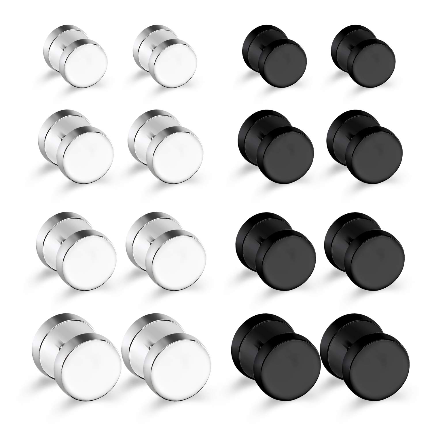 LAURITAMI 8 Pairs Unisex Ear Jewelry: Helix Earrings & Tunnel Studs, 16G Stainless Steel, Silver+Black, CZ Piercing Jewellery