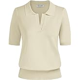 Kate Kasin Women Short Sleeve Polo Sweater V Neck Knitted Tops Casual Ribbed Shirt Loose Pullover Sweater