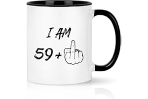 YHRJWN - 60th Birthday Gifts for Men Women, I Am 59 Plus Middle Finger Coffee Mug for Dad Mom Friends, Birthday Gift Ideas for 60 Year Old Woman, White 11 Oz Mug with Black Handle