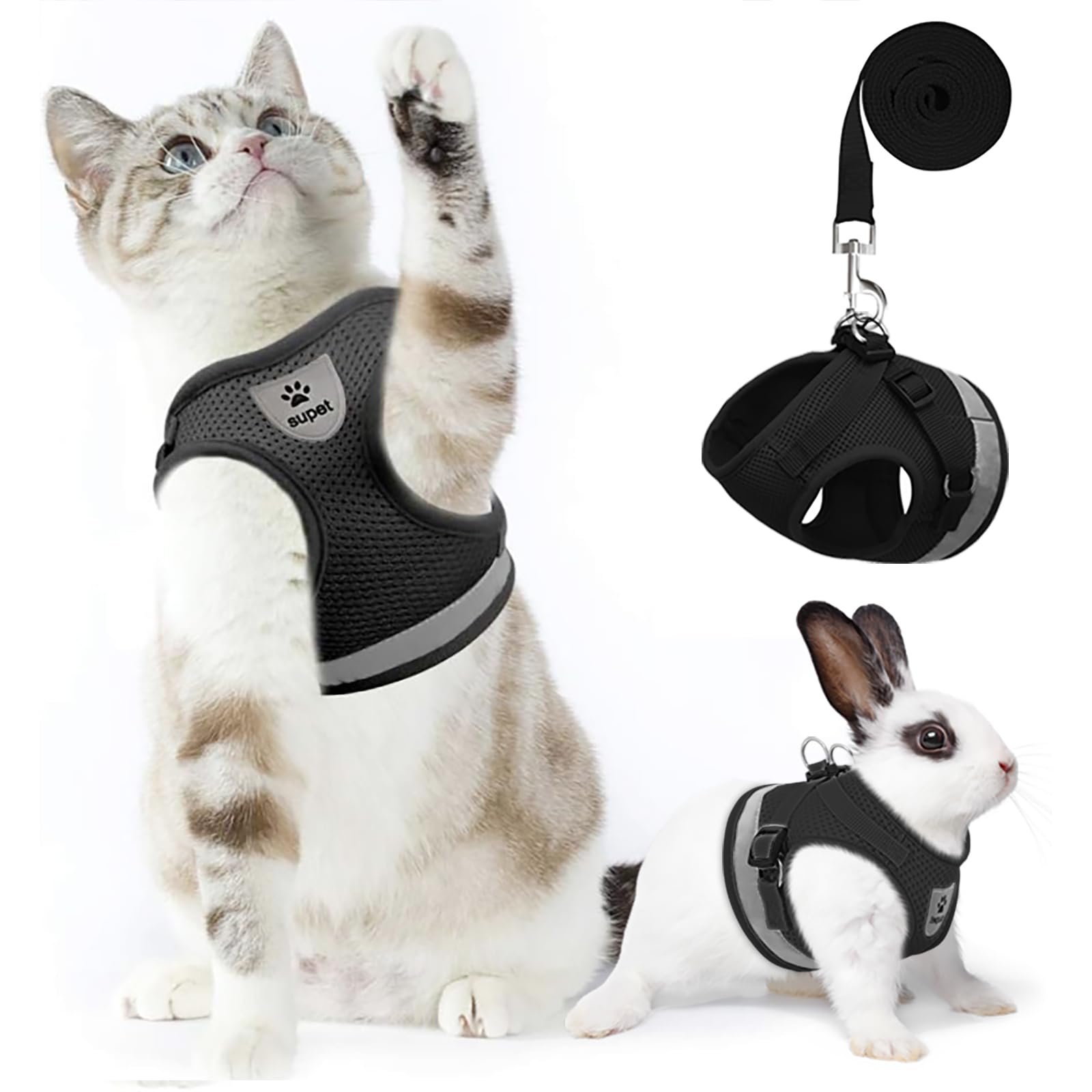 Supet Cat Harness and Leash Set - Soft Mesh Adjustable Cat Vest Harness with Reflective Strap for Walking Cat and Puppy Rabbit
