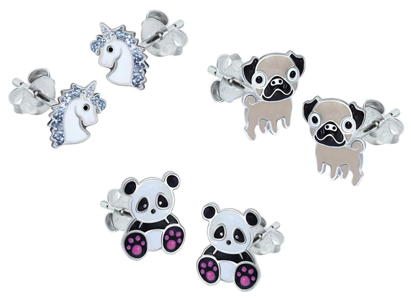 Pug, Unicorn & Panda Earrings Gift Set - 925 Sterling Silver