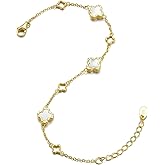 RADIANT REVIVE Sterling Silver 14K Gold-Plated Clover Bracelet with Mother of Pearl Four-Leaf Charm, Good Luck Gift for Women