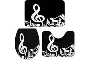 Queenker Bathroom Rug Set 3 Piece Toilet Seat Cover and Rug Set Musical Note Black and White Print Contour Rug, Pedestal Mat and Toilet Lid Cover,Non-Slip Bathroom Floor Mat 18"x30"+14"x18"+15"x18"