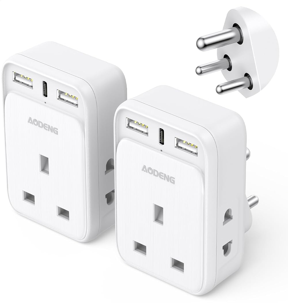Aodeng UK to US Travel Adapter 2 Pack 6-in-1 2 USB Ports Type C Shaver