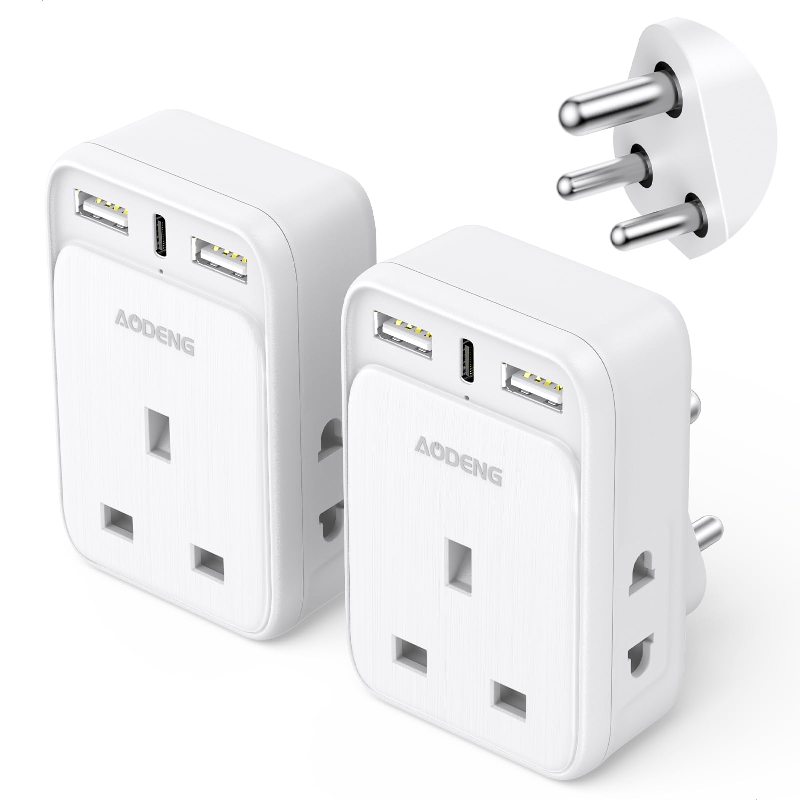 UK to India Travel Adapter 2 Pack, 3 USB Ports 32W USB C Fast Charger, Grounded Travel Adaptor for India, Pakistan, Sri Lanka, Yemen (Type D)
