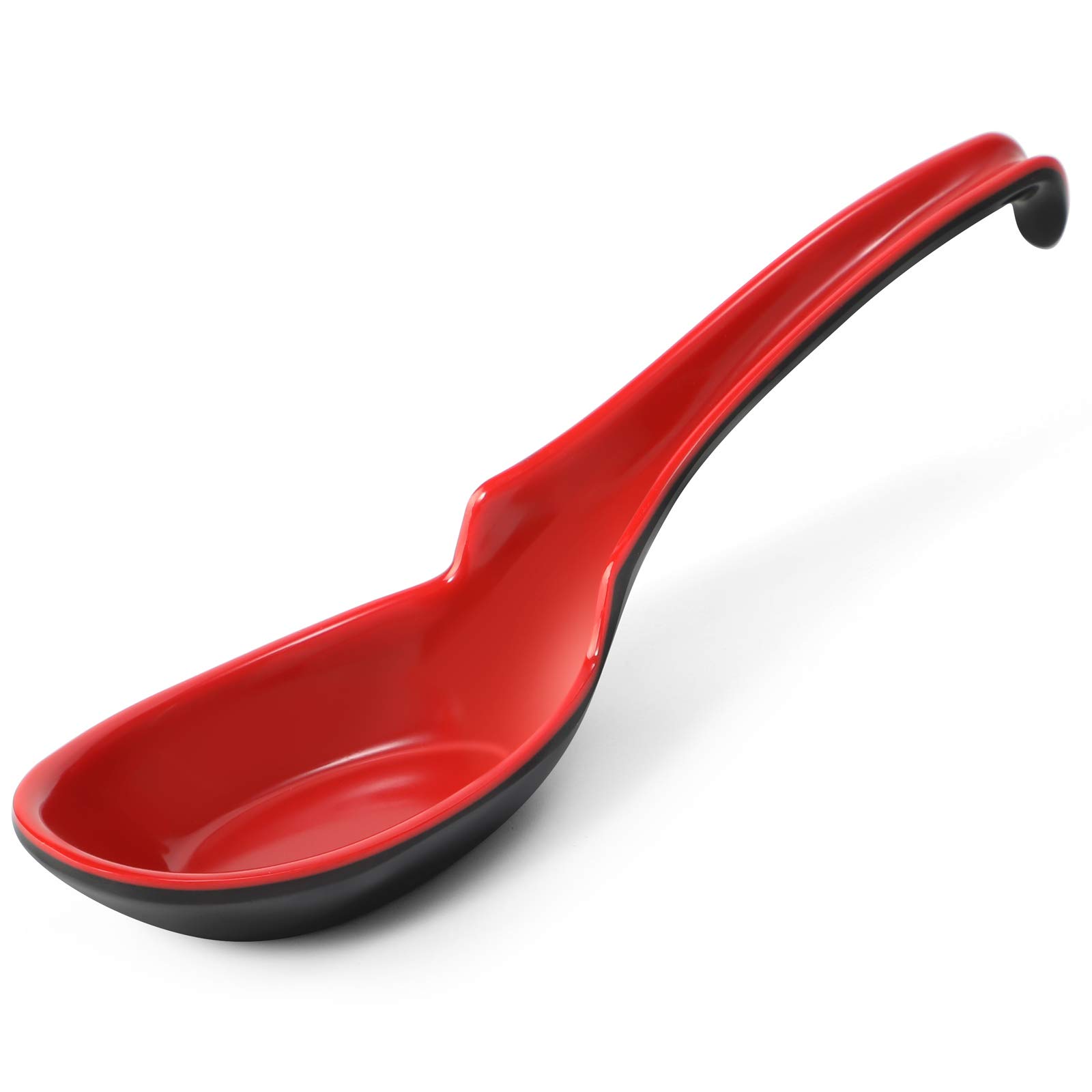 Photo 1 of 12 PACK Asian Soup Spoons, Rice Spoons, Melamine Chinese Won Ton Soup Spoon For soba, pho, ramen, Noodle, Korean Style Large Spoon with Long Handle- Notch and Hook Style, Red ? Black