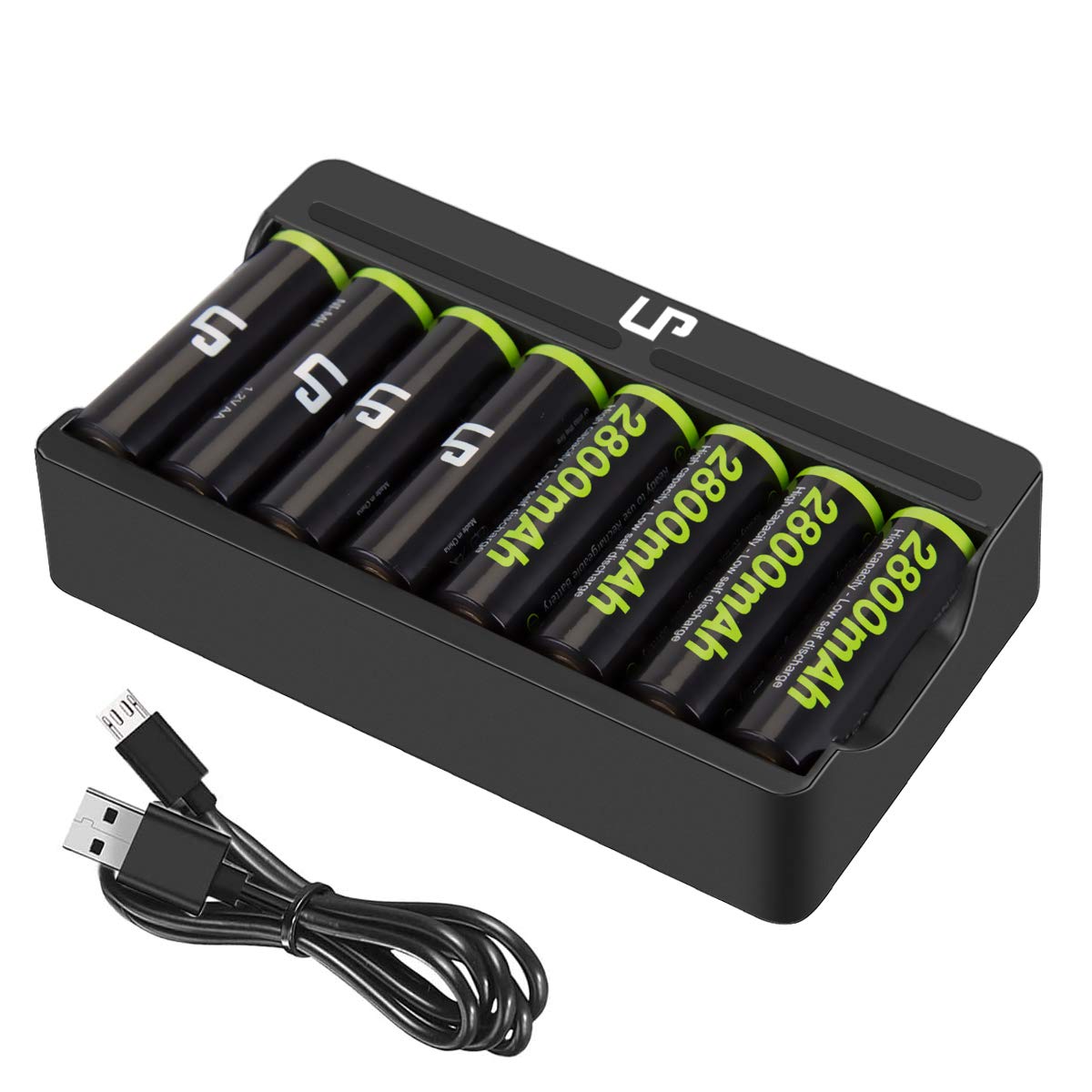 AA Rechargeable Battery Charger Pack, LP 8 Slot Charger & 2800mAh High Capacity AA Ni-MH Rechargeable Battery with USB Independent-Charging suitable for Wireless Mouses, Kid Toys, Remotes, Microphones