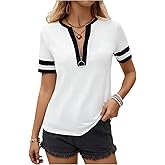 SHENHE Women's Summer Short Sleeve Ringer Tee Half Zip Color Block Casual Going Out Tshirt
