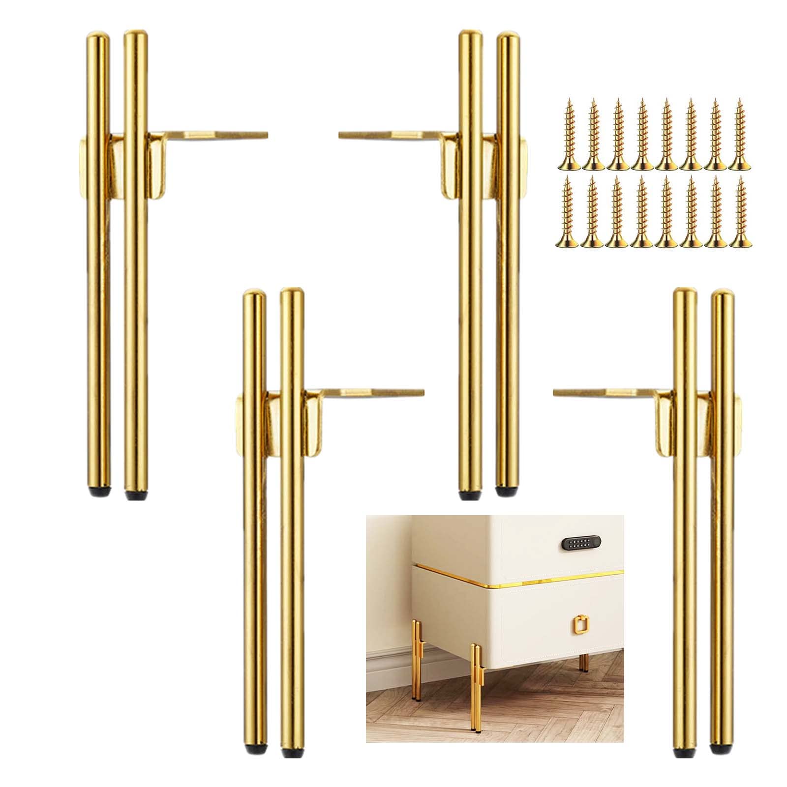 KMERCE 4Pcs Metal Furniture Legs, 6" Gold Modern Furniture Feet for Sofa TV Cabinet Coffee Table Bathroom Cabinet Chair Cupboard Couch Home DIY Projects with Screws + Floor Protection, 15cm