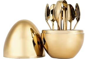 MLUUHK Coffee Spoon Set with Holder, Creative Egg Shaped Storage Box with 6 Tea Spoons and 1 Mini Serving Tong, Dessert Spoons Set for Fruit, Stirring, Mixing, Sugar, Ice Cream (Gold)