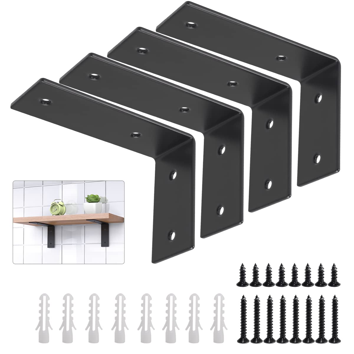 YUMORE Shelf Brackets L Shaped 45mm Wide Heavy Duty Shelving Bracket Wall Angle Braces Stainless Steel Floating Shelf Support Industrial Brackets Matte Black, with Screw and Anchors, 4 Pcs(5" x 3") — image 1