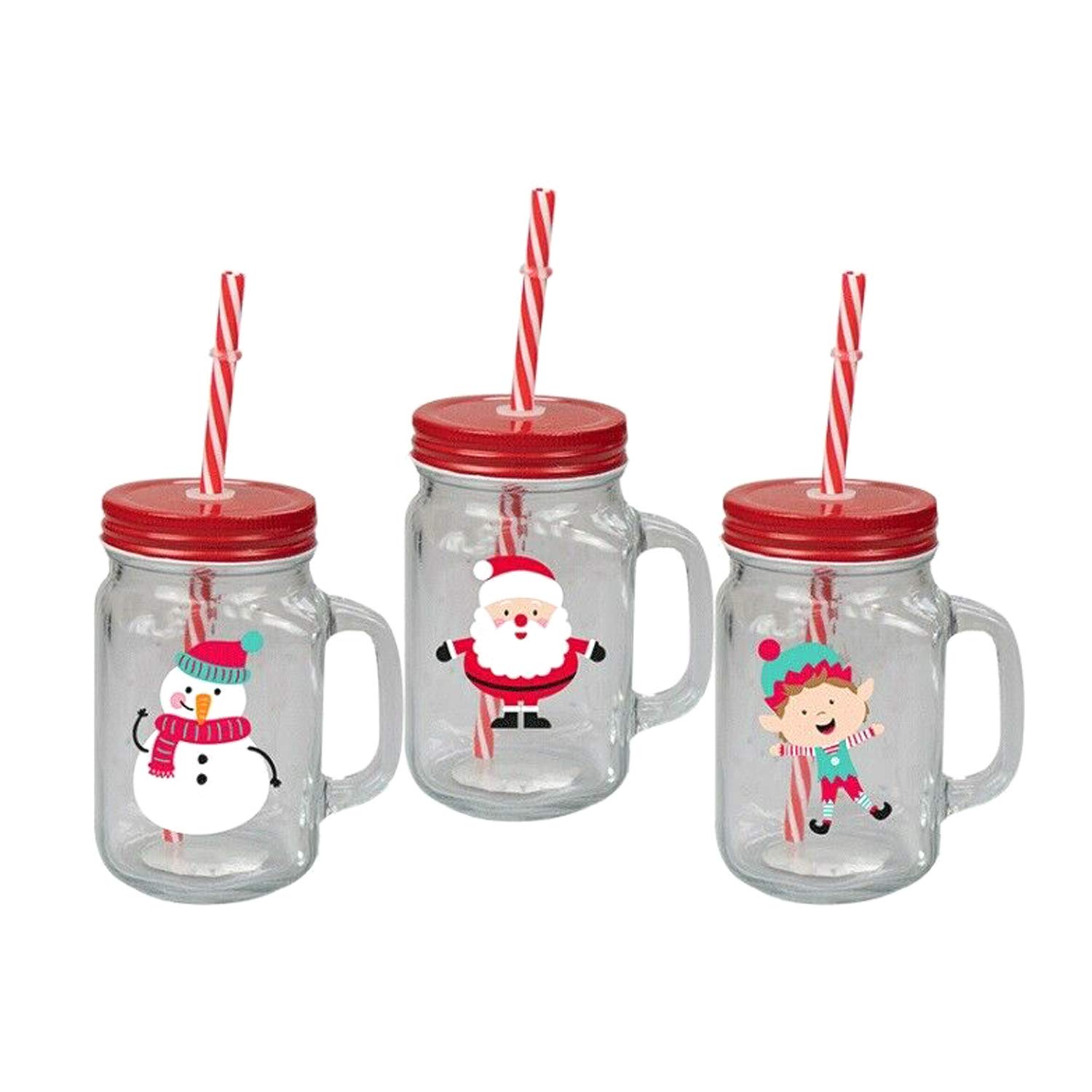 Invero® 3X Set of Christmas Design Drinking Glass Jar Mugs with Handle Screw Top Tin Lid and Straw