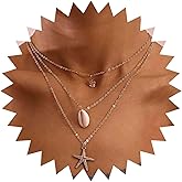 Andelaisi Boho Layered Shell Pendant Necklace Vintage Starfish Choker Necklace Gold Crystal Chain Necklace Multilayered CZ Cowrie Starfish Necklace Jewelry for Women