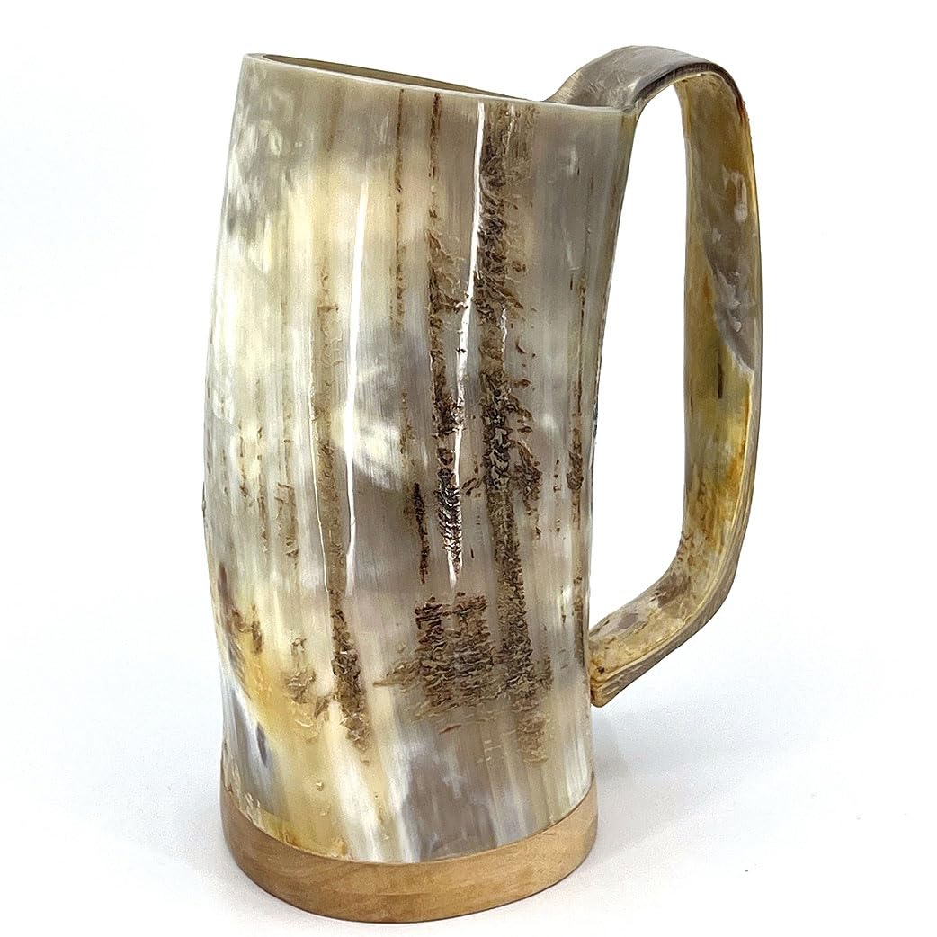 HORNCRAFT Drinking Horn Mug with Wooden Base | 500ml - 600ml Capacity | Ox Horn Tankard | Rough Finish | Genuine Ox Horn | Beer Tumbler | Drinking Vessel (Medium)
