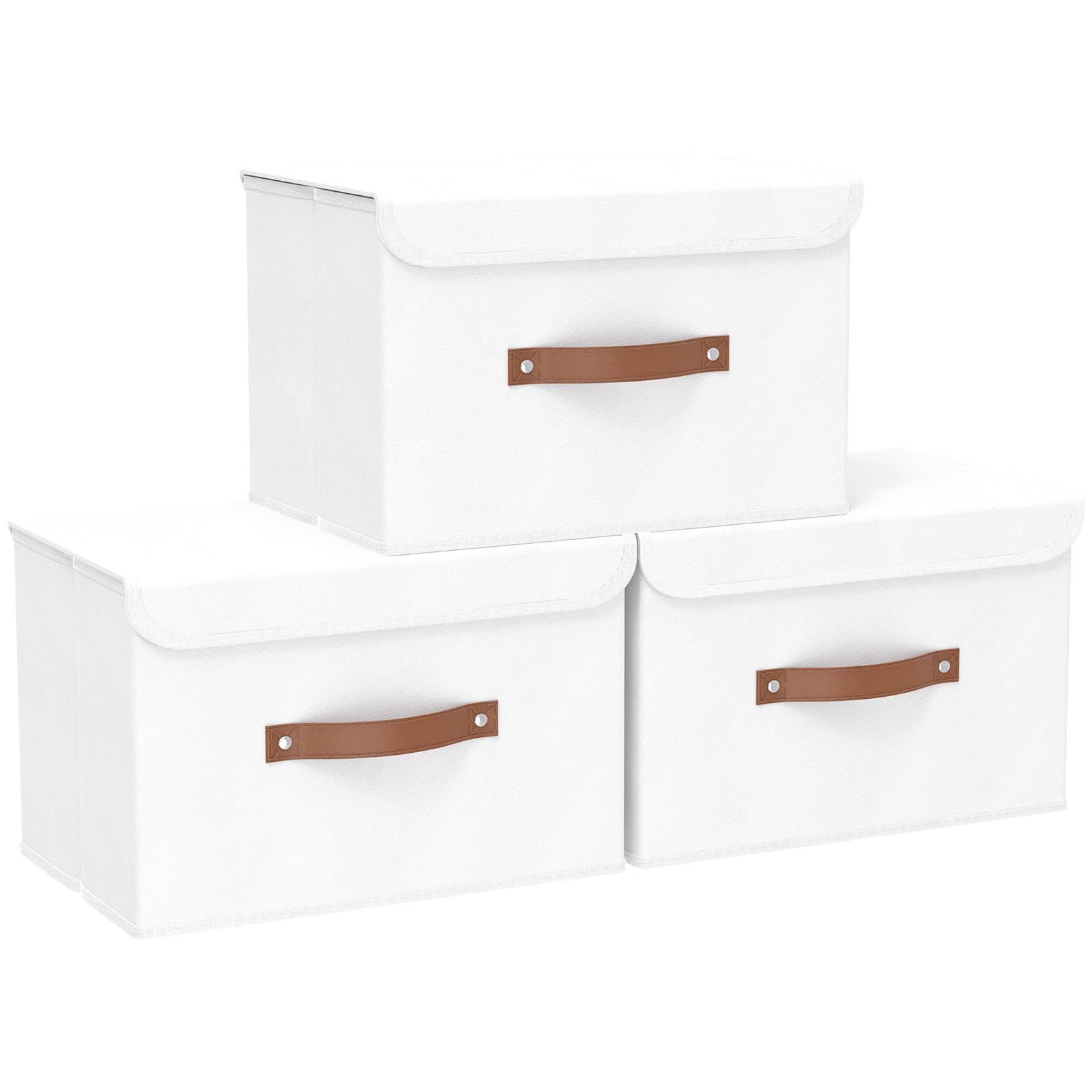 Yawinhe Collapsible Storage Box with Lid, Fabric Bin with Handle, Baskets for Organizing Clothes, 3 Pack, 45x30x30cm, White, SNK018WL-L