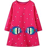 HILEELANG Toddler Girl Dress Long Sleeve Pocket Cotton Casaul Rose Red Fish Embroidery Playwear Shirt Jersey Dresses 2T