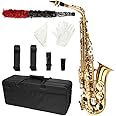 Kcelarec Alto Eb E-flat Saxophone Gold Lacquer SAX Beginners Kit with Case, Mouthpieces,Gloves,Aglet,Cleaning Cloth,Reed (Style 1)