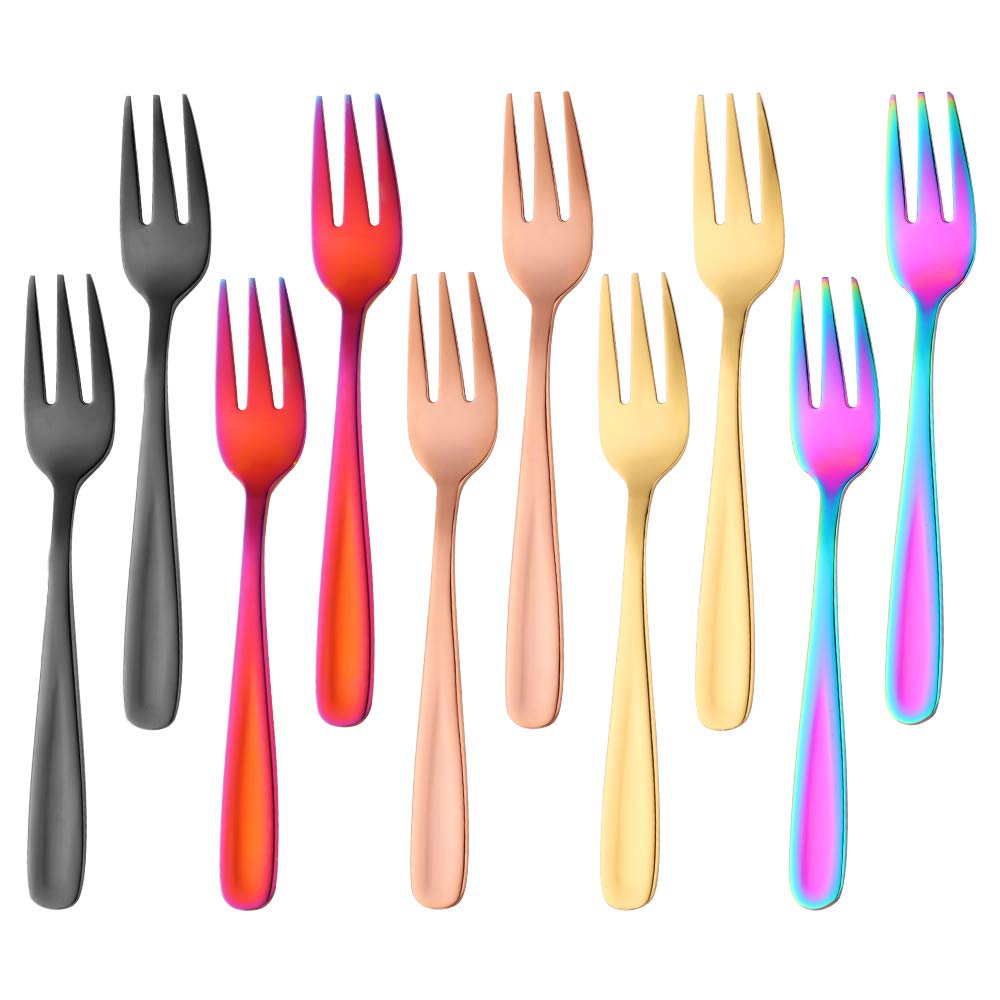 18/10 Stainless Steel Cake Fork, 3 Prongs, Fruit Fork, Bisda 10-piece Colourful Fork Set, Mirror Polish, Ideal for a Wedding Party, Dessert
