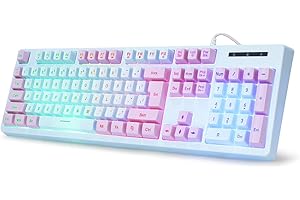 HUO JI Gaming Keyboard USB Wired with Rainbow LED Backlit, Floating Keys, Mechanical Feeling, Spill Resistant, Ergonomic for Xbox, PS Series, Desktop, Computer, PC, Blue Purple