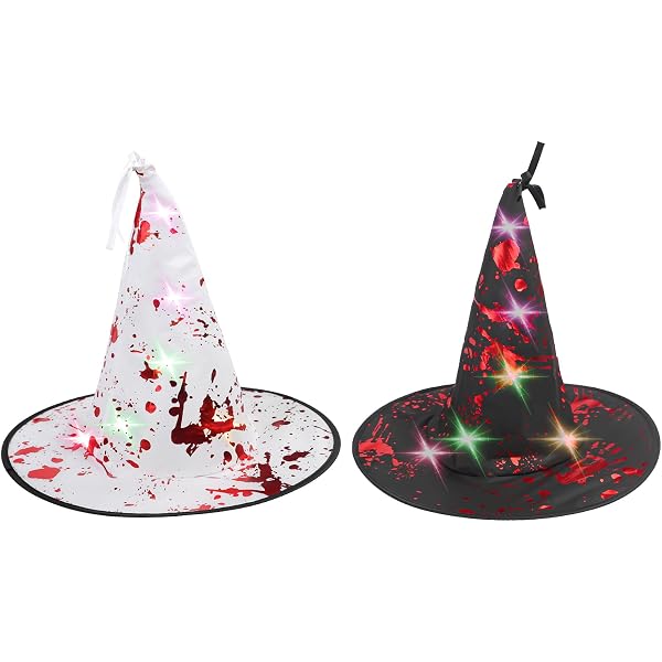 GREUS 2x Leuchtende Hexenhüte Mit Blutspritzern - LED-Horrorhüte Für Halloween, Cosplay & Kostümpartys