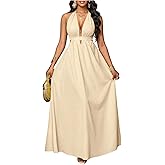 SOLY HUX Women's Halter Maxi Dress Deep V Neck Backless A Line Flowy Party Dresses Vacation Outfits
